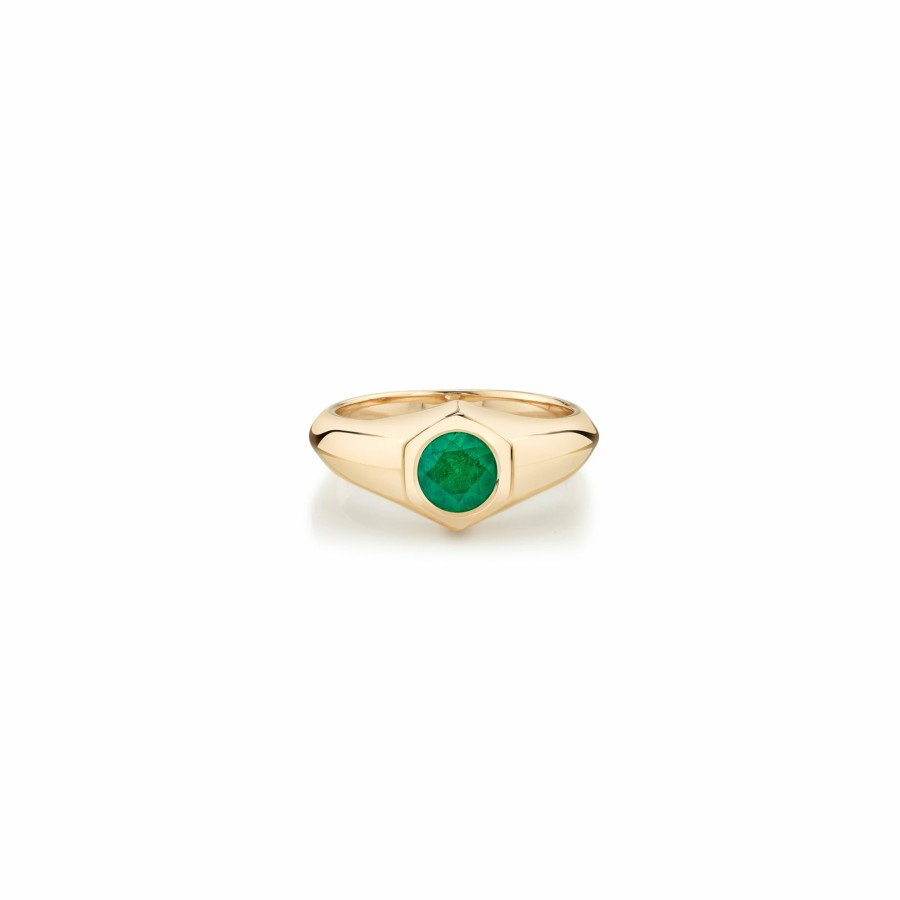 Ready To Ship Lizzie Mandler | Emerald Round Signet Knife Edge Pinky Ring Yellow Gold