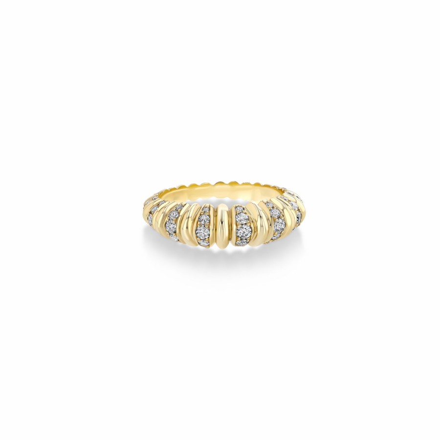 Ready To Ship Lizzie Mandler | Fluted Crescent Ring With Pave Stripes Yellow Gold