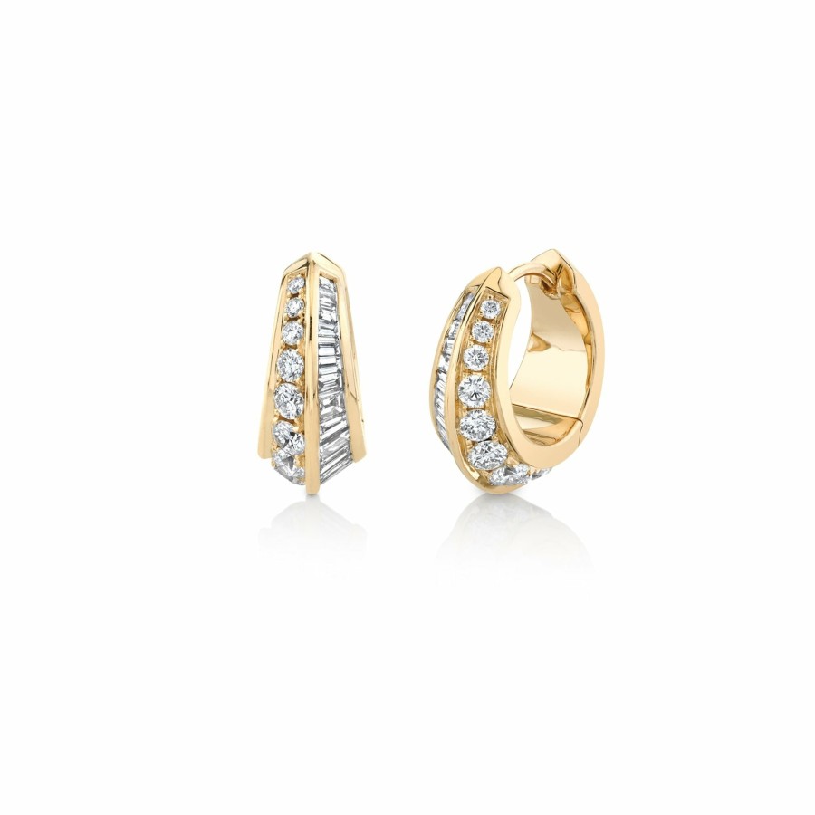 Ready To Ship Lizzie Mandler | Crescent Hoops With Pave Diamonds And Tapered Baguettes Yellow Gold / White Diamond