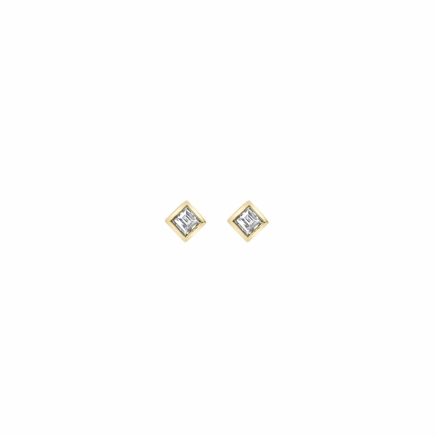 Ready To Ship Lizzie Mandler | Single Mini Carre Diamond Bezel Solitaire Stud Yellow Gold