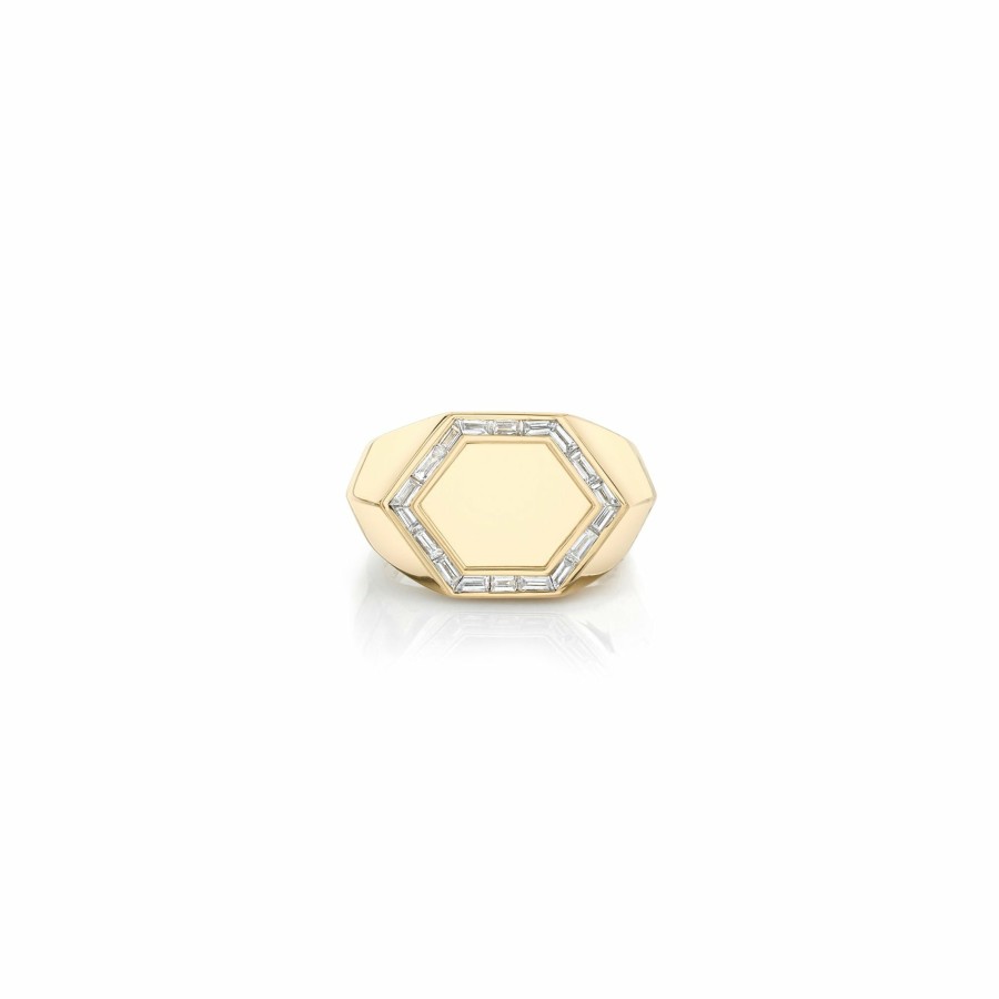 Ready To Ship Lizzie Mandler | Baguette Hexagon Signet Ring Yellow Gold / White Diamond