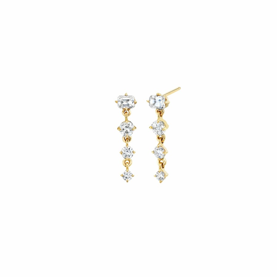 Earrings Lizzie Mandler | Emerald And Round Cut Diamond Long Drop Earrings