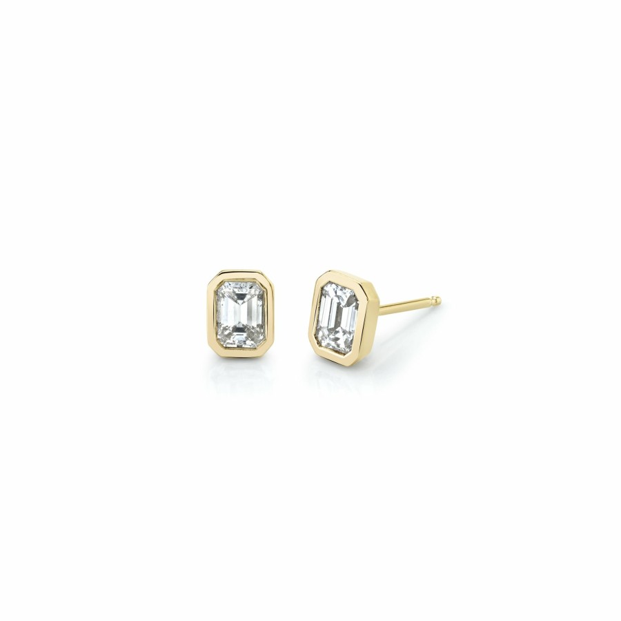 Ready To Ship Lizzie Mandler | Single Emerald Cut Diamond Bezel Solitaire Stud Yellow Gold