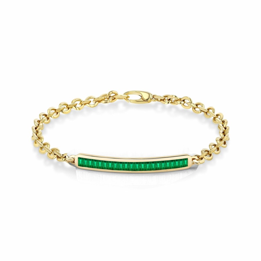 Ready To Ship Lizzie Mandler | Micro Id Bracelet With Emerald Baguettes Yellow Gold