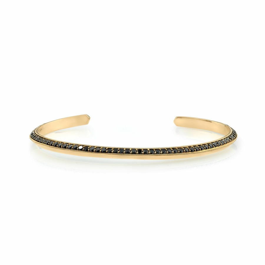 Ready To Ship Lizzie Mandler | Single Sided Pave Knife Edge Cuff Yellow Gold / Black Diamonds