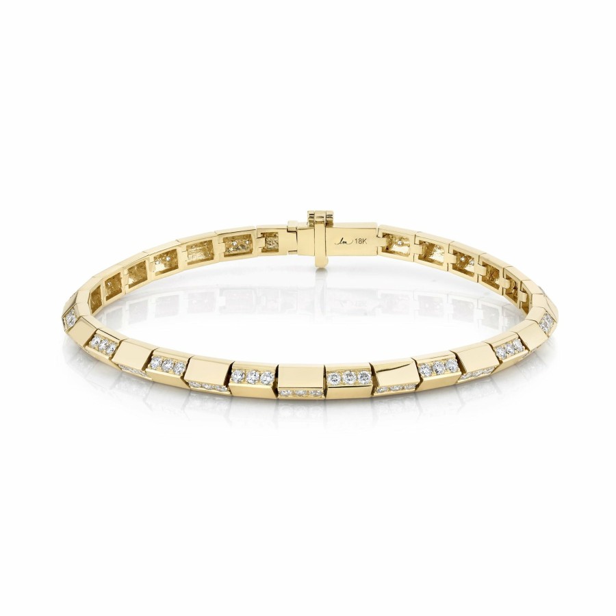 Ready To Ship Lizzie Mandler | Knife Edge Bar Tennis Link Bracelet With Alternating Pave Yellow Gold / White Diamond