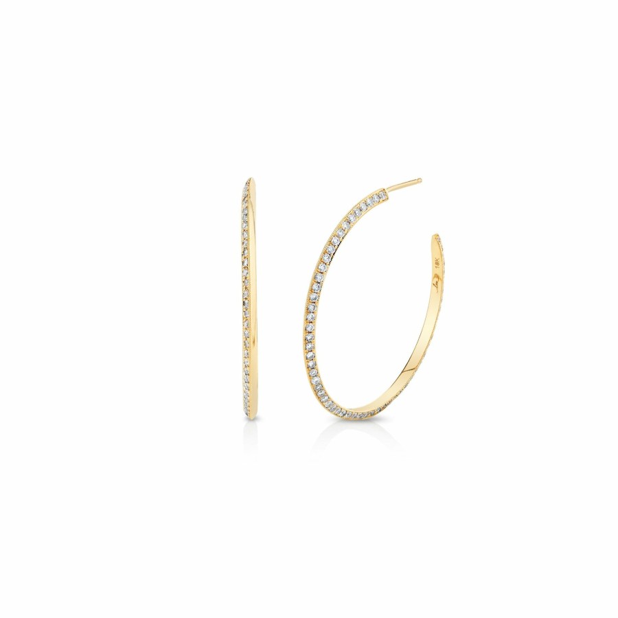 Ready To Ship Lizzie Mandler | One-Sided Pave Diamond Medium Knife Edge Hoops Yellow Gold