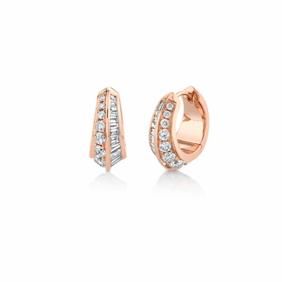 Earrings Lizzie Mandler | Crescent Hoops With Pave Diamonds And Tapered Baguettes