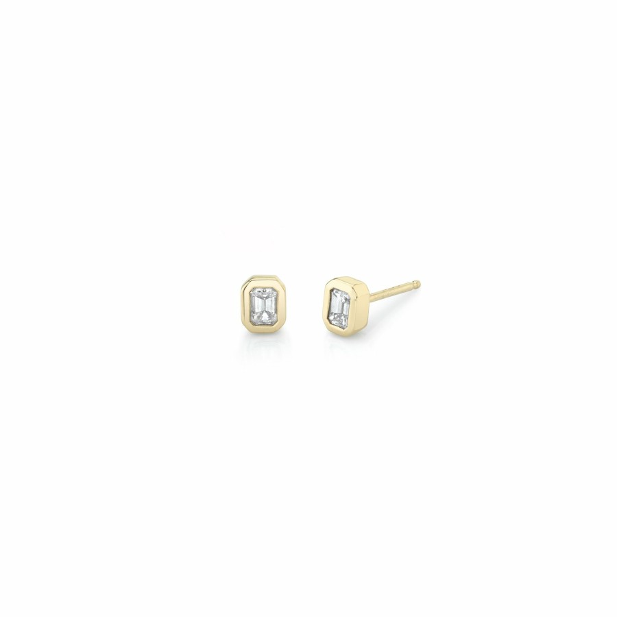 Ready To Ship Lizzie Mandler | Single Mini Emerald Cut Diamond Bezel Solitaire Stud Yellow Gold