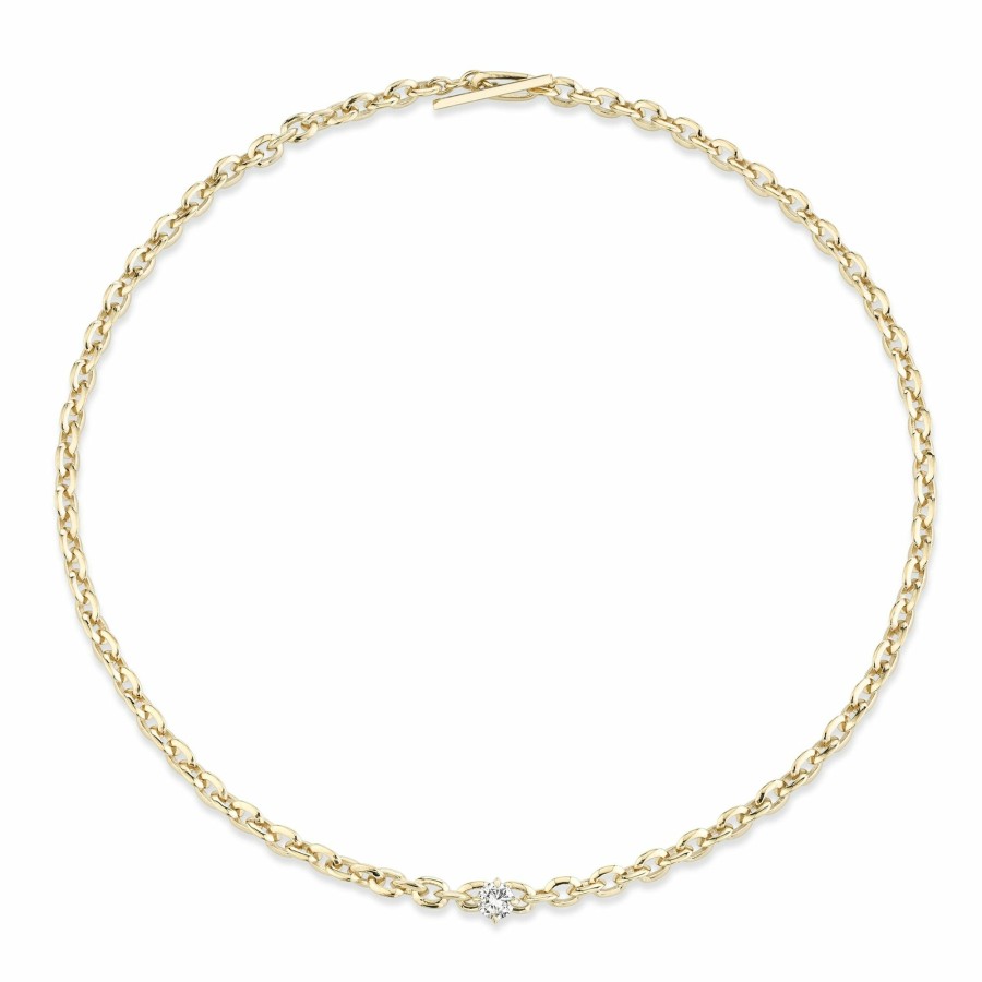 Ready To Ship Lizzie Mandler | Xs Knife Edge Oval Link Necklace With Round Diamond Center Yellow Gold