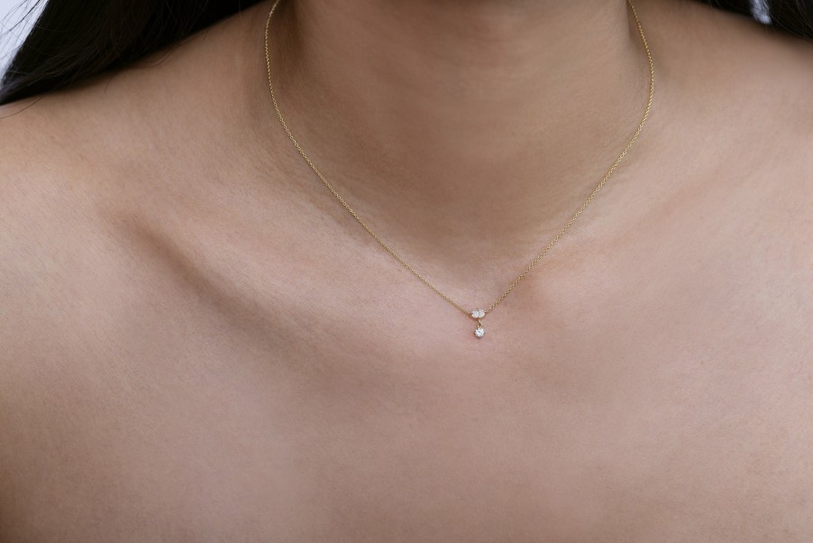 Ready To Ship Lizzie Mandler | Mix Matched Oval And Round Shape Diamond Drop Necklace Yellow Gold / White Diamond