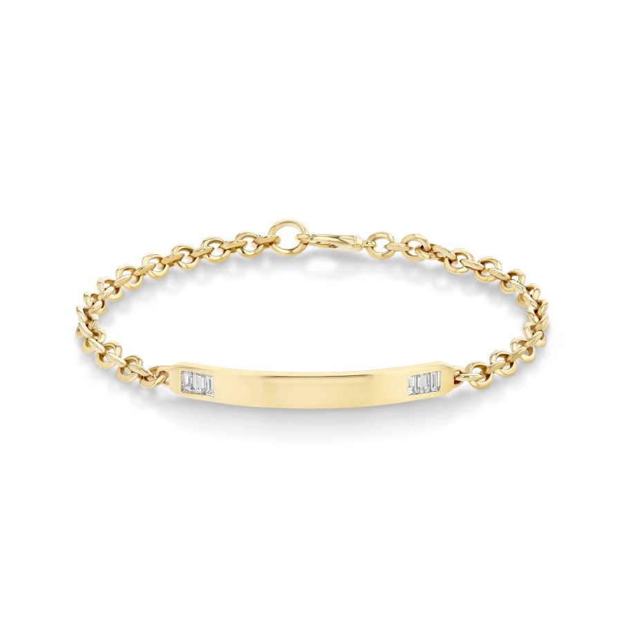 Ready To Ship Lizzie Mandler | White Diamond Baguette Tipped Micro Id Bracelet Yellow Gold / White Diamond