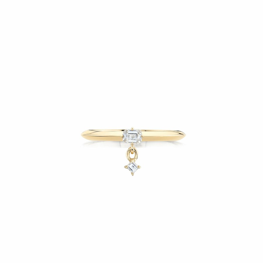 Ready To Ship Lizzie Mandler | Double Drop Prong Set Petite Emerald And Carre Diamond Ring Yellow Gold / White Diamond