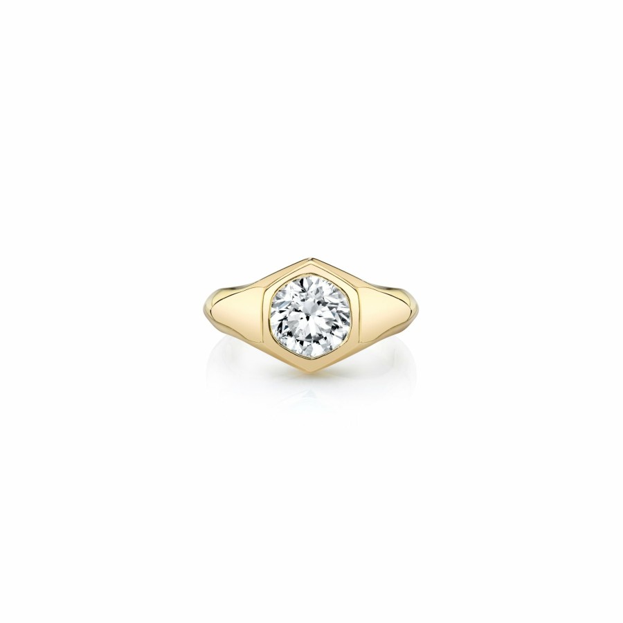 Ready To Ship Lizzie Mandler | Large Round Diamond Knife Edge Signet Ring Yellow Gold