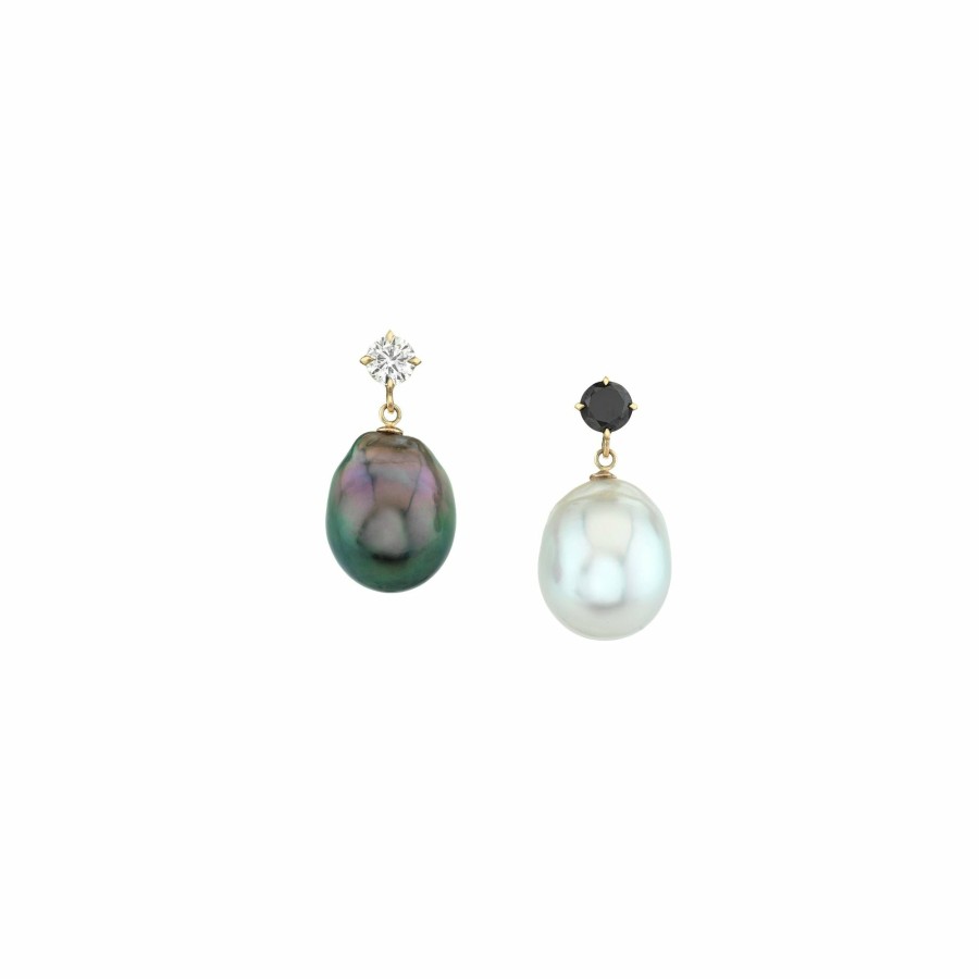 Ready To Ship Lizzie Mandler | Mixed Matched Black And White Diamond And Pearl Drops Yellow Gold / Emerald/Pearl