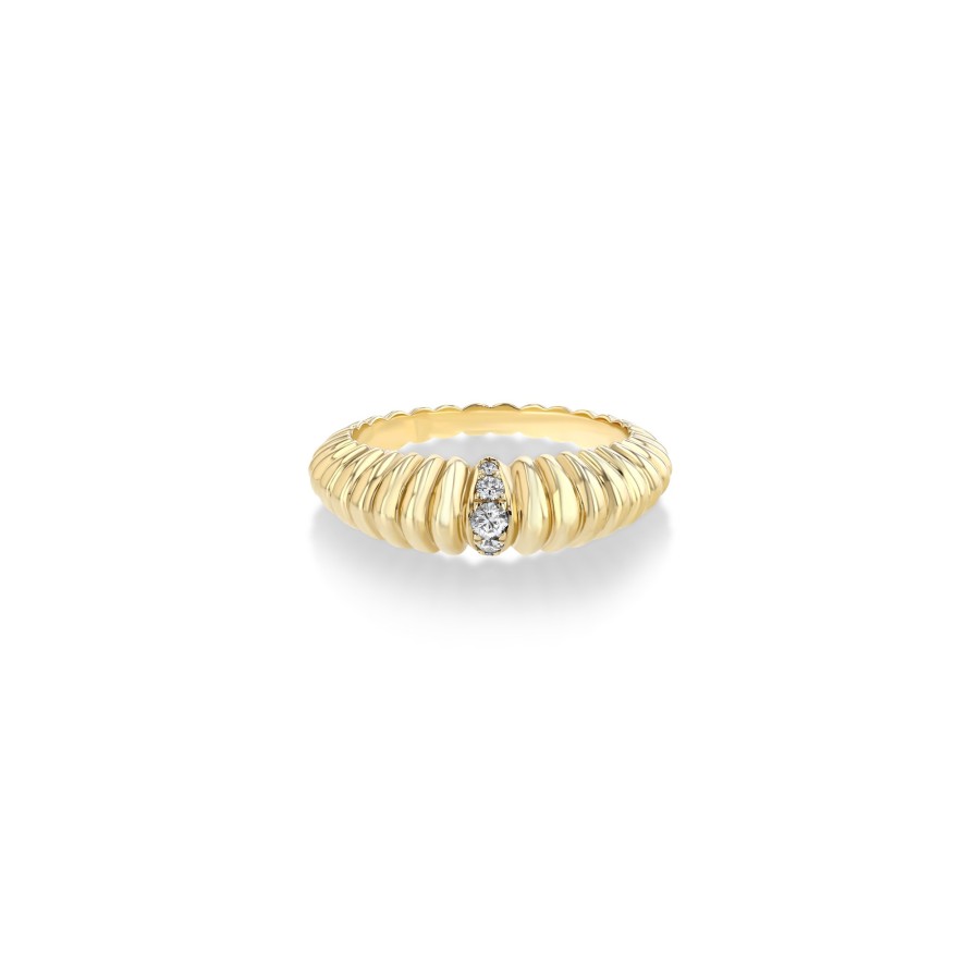 Ready To Ship Lizzie Mandler | Fluted Crescent Ring With Single Pave Stripe Yellow Gold