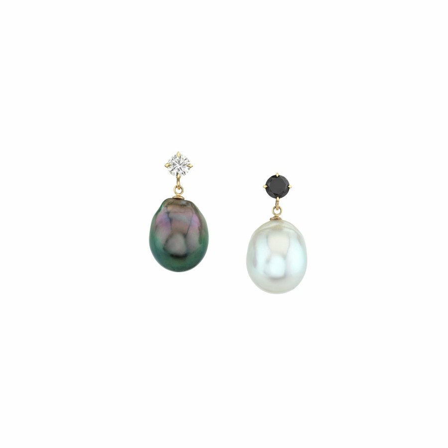 Earrings Lizzie Mandler | Mixed Matched Black And White Diamond And Pearl Drops