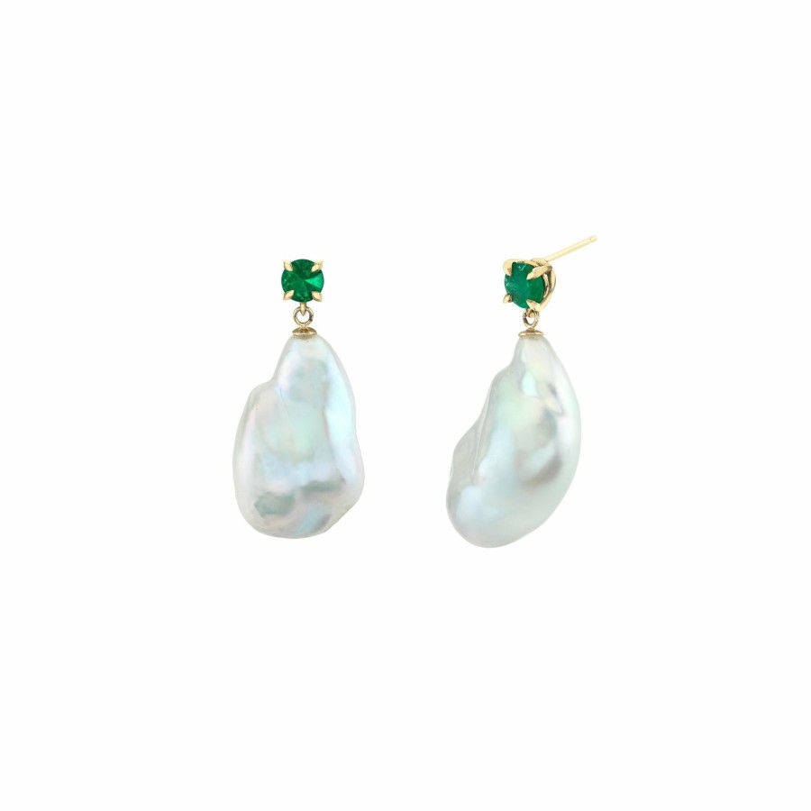 Ready To Ship Lizzie Mandler | Emerald And Pearl Baroque Drops Yellow Gold / Emerald/Pearl