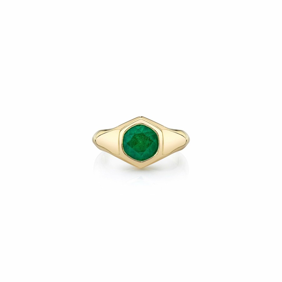 Ready To Ship Lizzie Mandler | Large Round Emerald Knife Edge Signet Ring Yellow Gold