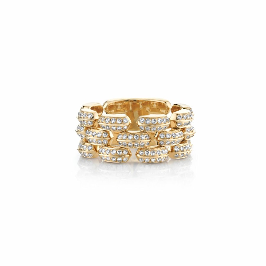 Ready To Ship Lizzie Mandler | Three Row Cleo Ring With Full Pave Diamond Yellow Gold / White Diamond