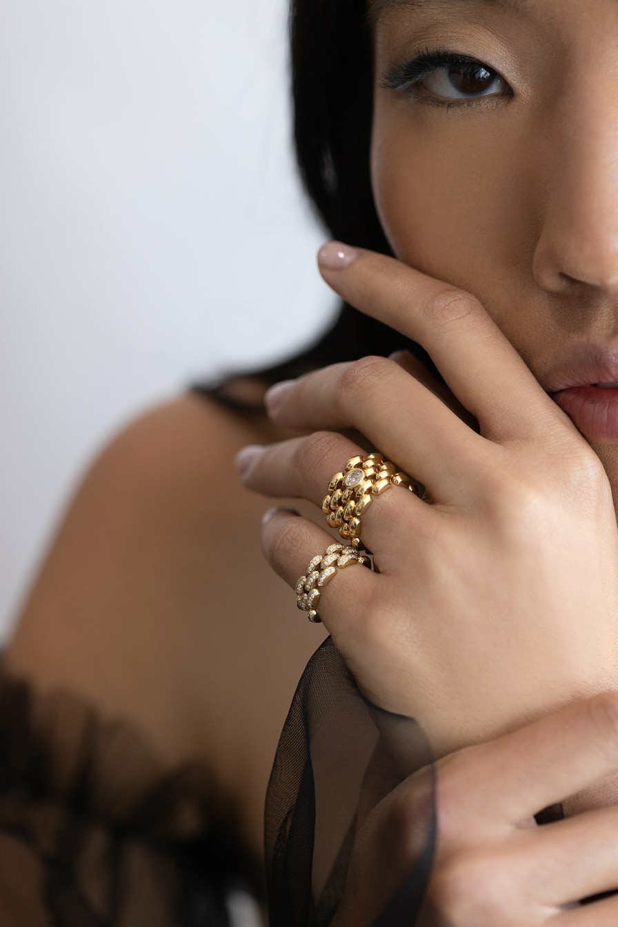 Ready To Ship Lizzie Mandler | Three Row Cleo Ring With Full Pave Diamond Yellow Gold / White Diamond