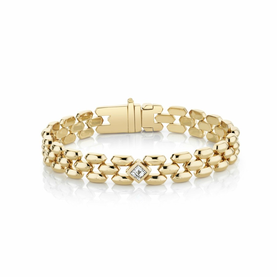 Ready To Ship Lizzie Mandler | Three Row Cleo Bracelet With Carre Diamond Yellow Gold / White Diamond