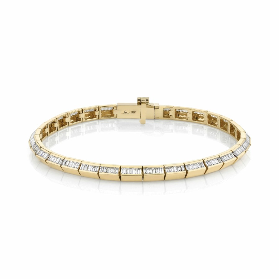 Ready To Ship Lizzie Mandler | Knife Edge Bar Tennis Link Bracelet With Baguette Diamonds Yellow Gold / White Diamond