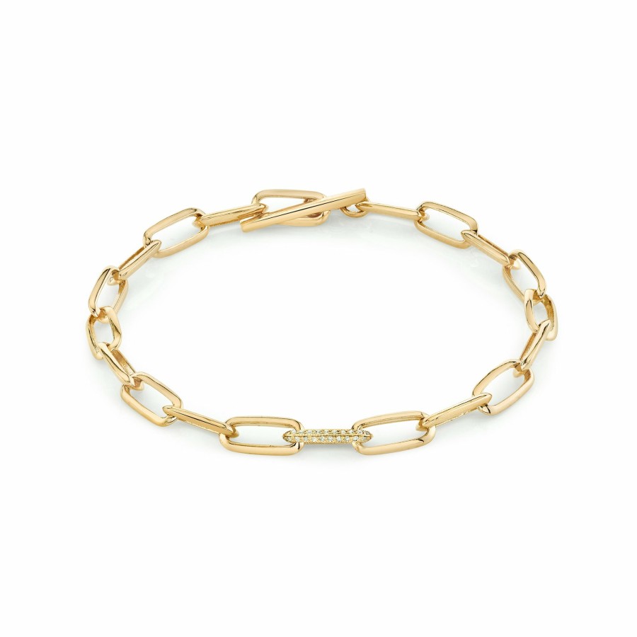 Ready To Ship Lizzie Mandler | Knife Edge Oval Link Chain Bracelet With Single Pave Link Yellow Gold / White Diamonds