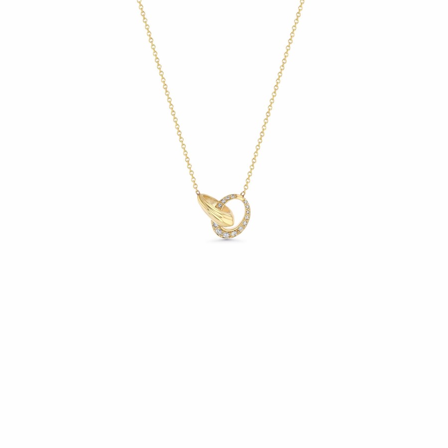 Ready To Ship Lizzie Mandler | Micro Crescent Linked Necklace With One Sided Pave Link Yellow Gold