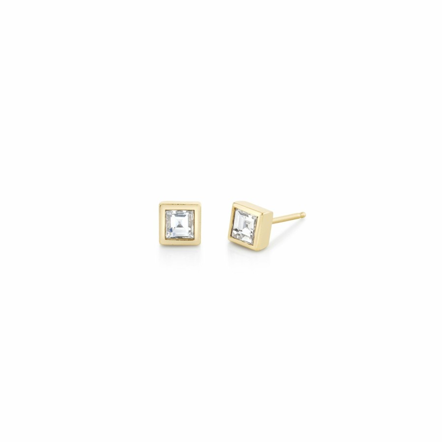 Ready To Ship Lizzie Mandler | Single Carre Diamond Bezel Solitaire Stud Yellow Gold