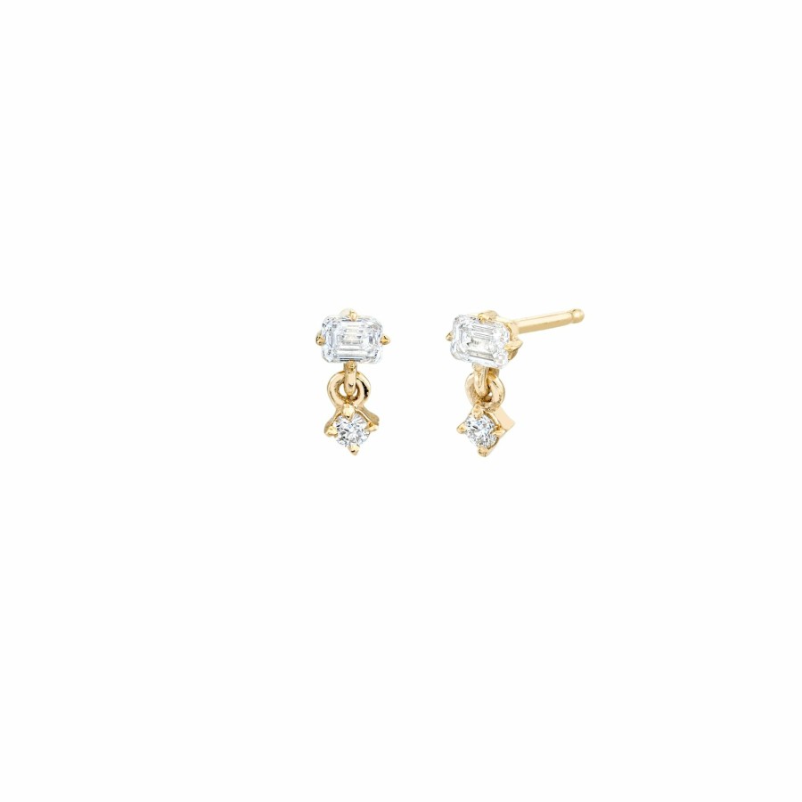 Ready To Ship Lizzie Mandler | Mix Matched Emerald And Round Diamond Mini Drop Stud Yellow Gold / White Diamonds